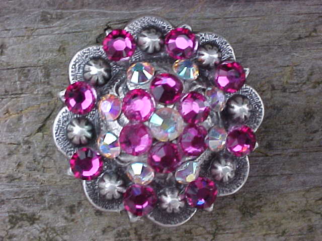 Antique Silver Berry Concho with Fuschia and Aurora Borealis Swarovski Crystals-