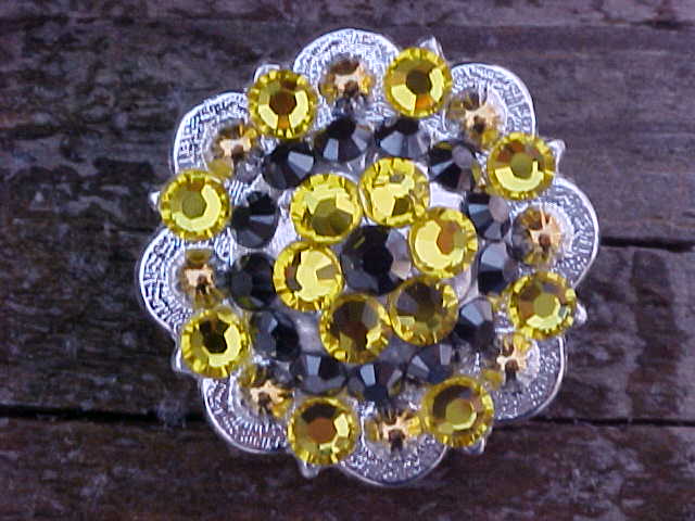 Citrine Yellow and Black Swarovski Crystal Silver and Gold Berry Concho