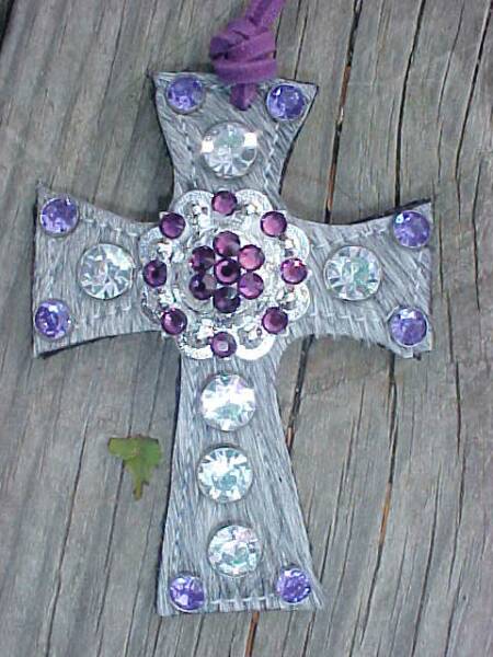 Gray Saddle Cross with Purple and Aurora Borealis Crystals and a Silver Berry Concho with Amethyst Swarovski Crystals