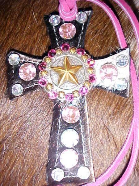 Black and White Saddle Cross with Pink and Aurora Borealis Crystals and A Silver and Gold Starflower Concho with Pink Swarovski Crystals