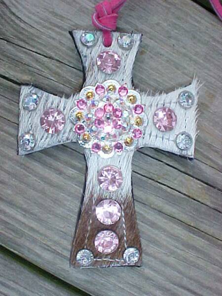 Brown and White Saddle Cross with Pink and Clear Crystals and a Pink and Clear Swarovski Crystal Silver and Gold Berry Concho